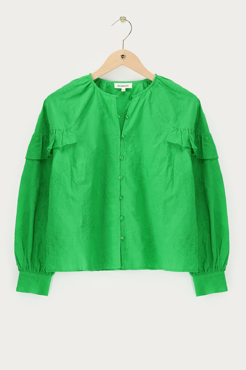Green top with ruffles and embroidery details | My Jewellery