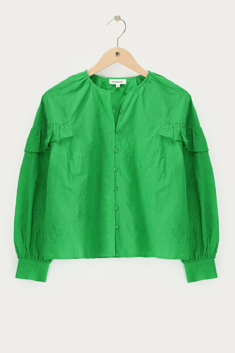 Green top with ruffles and embroidery details | My Jewellery