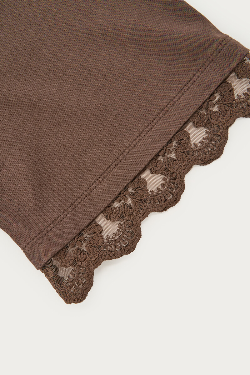 Brown boxy T-shirt with lace sleeves | My Jewellery