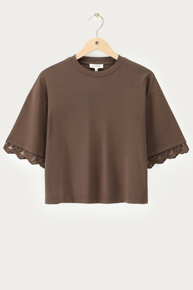 Brown boxy T-shirt with lace sleeves | My Jewellery
