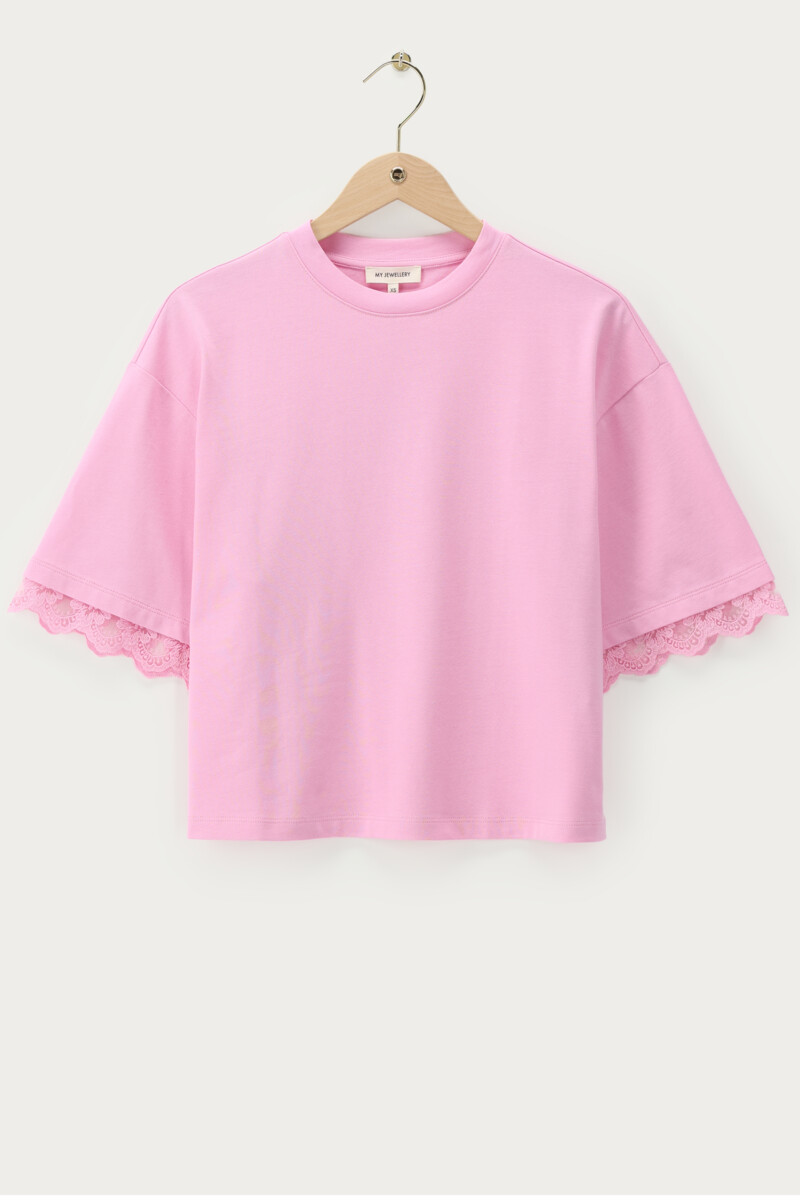 Pink boxy T-shirt with lace sleeves | My Jewellery