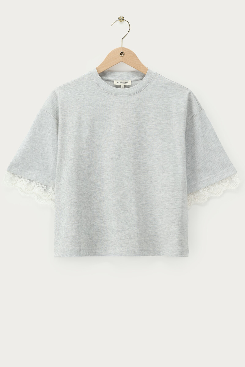 Grey boxy T-shirt with lace sleeves | My Jewellery