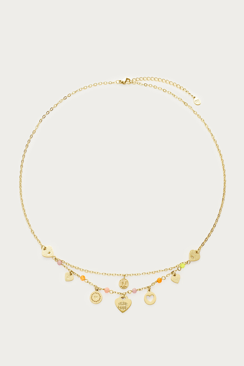 Collier charms avec cœurs et perles fantaisie pastel