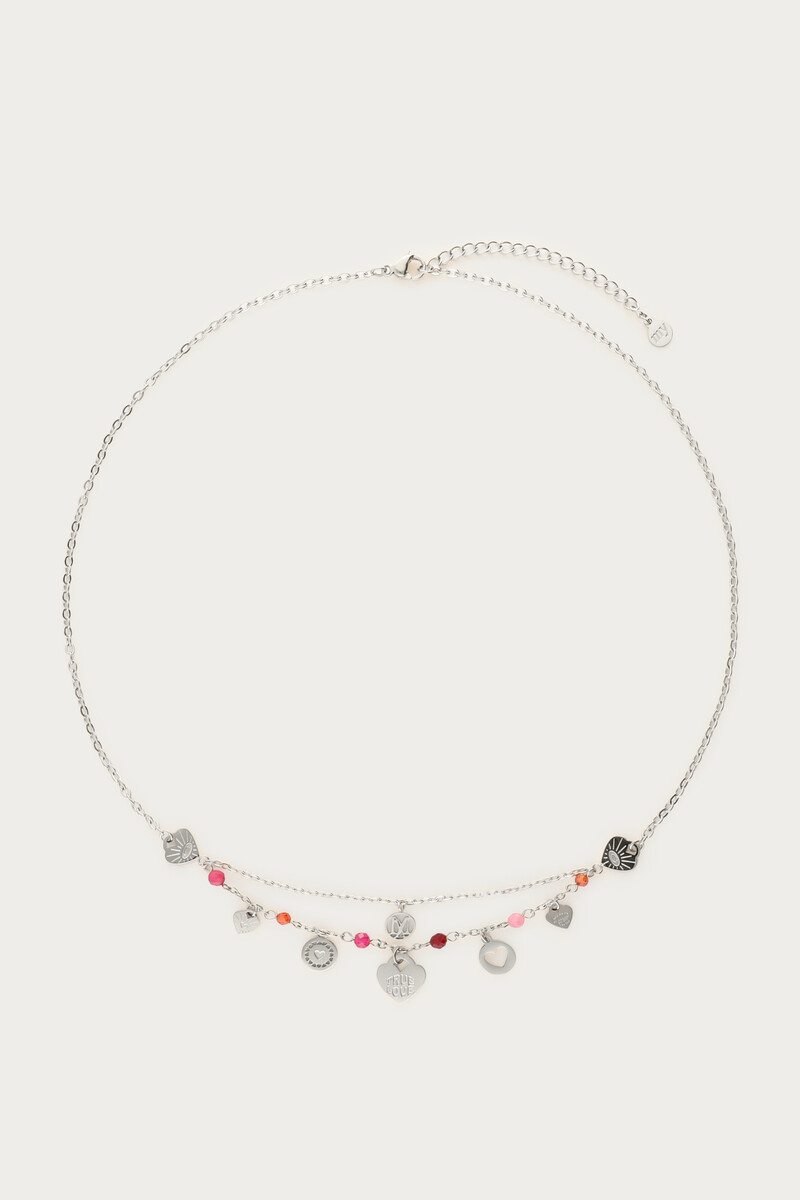 Ketting bedels met hartjes, rode & roze kralen