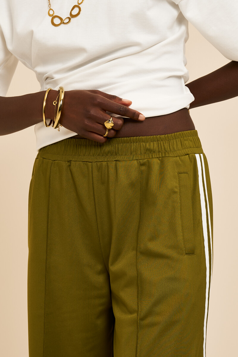 Olive green wide jogger trousers with stripes | My Jewellery