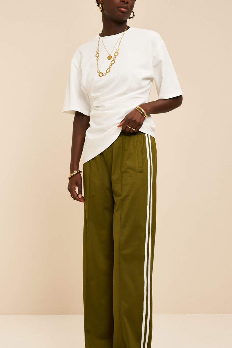 Olive green wide jogger trousers with stripes | My Jewellery
