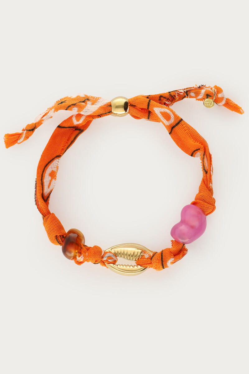 Oranje touw armband met schelp en paisley print