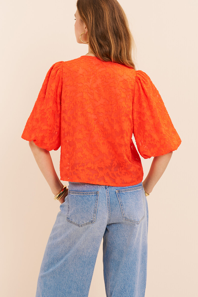 Orange jacquard top with short puff sleeves | My Jewellery