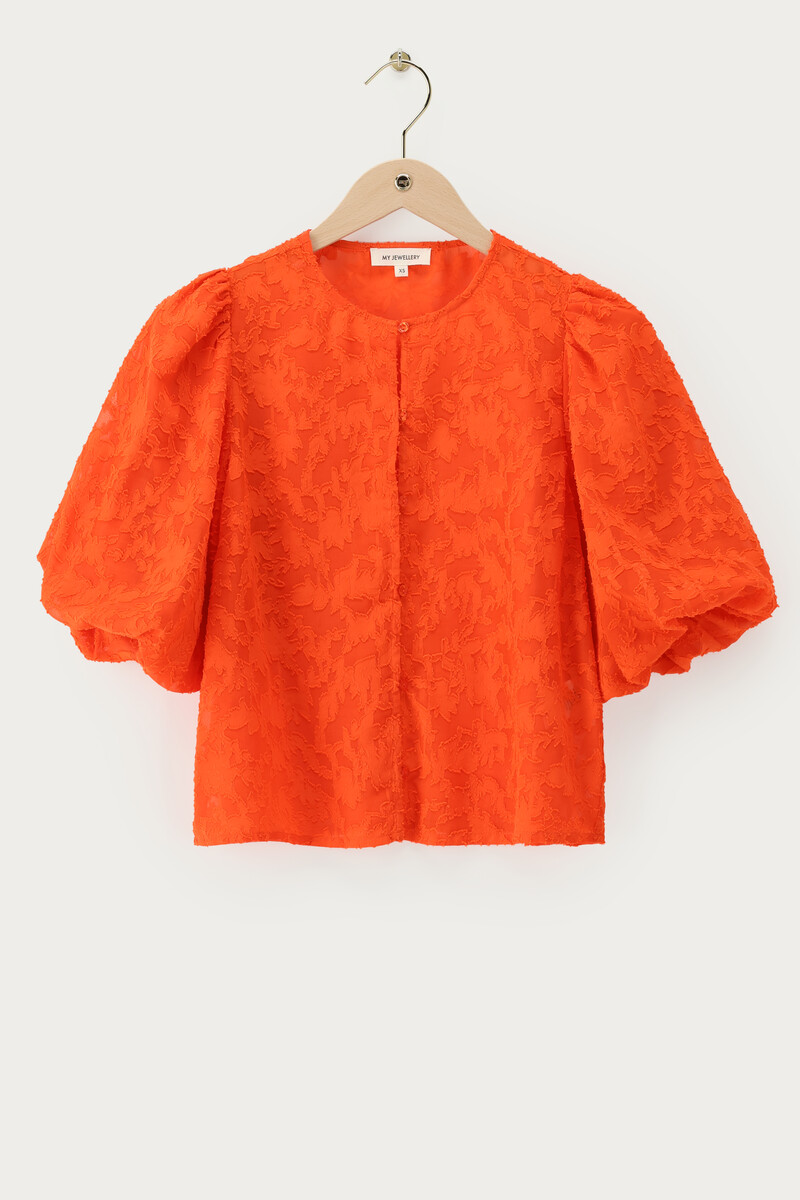 Orangefarbenes Jacquard-Oberteil Mit Kurzen Puffärmeln | My Jewellery