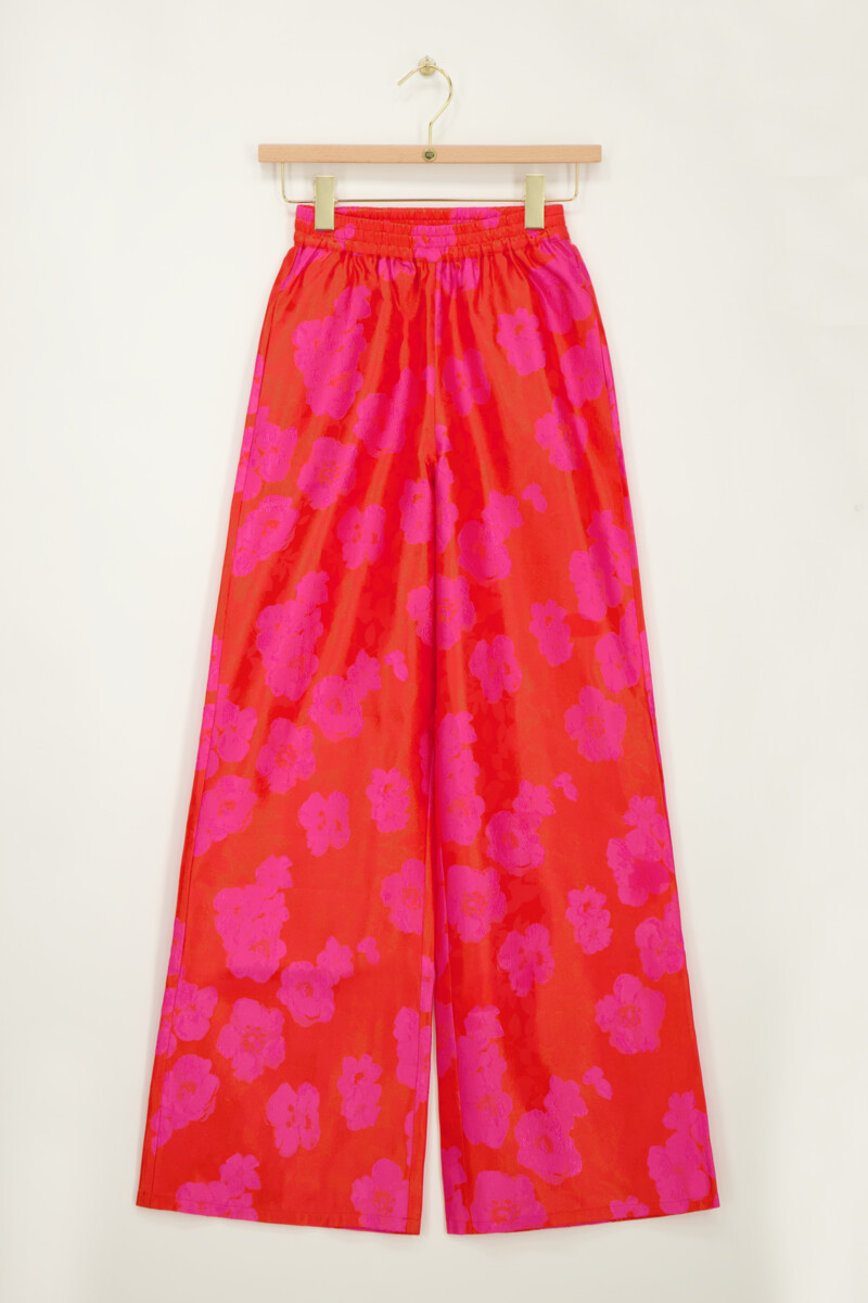 Orange jacquard wide leg pants with pink flowers | My Jewellery