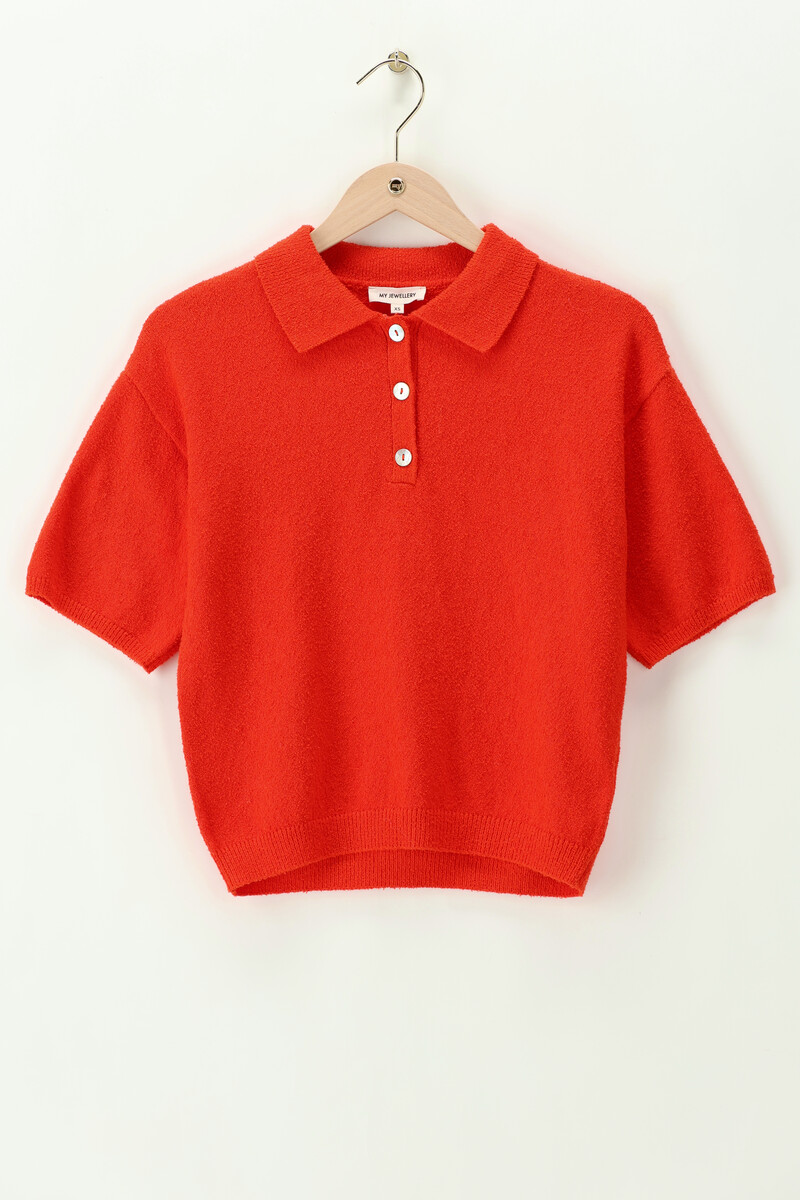 Orangefarbenes Bouclé-Strick-Poloshirt Mit Kurzen Ärmeln | My Jewellery