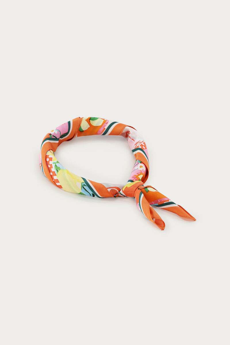 Orange satin look scarf with lemons | My Jewellery