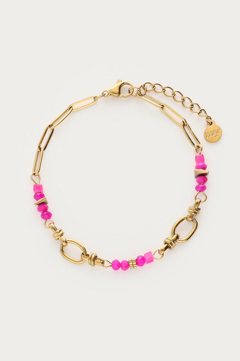 Ovale schakelarmband met roze kralen