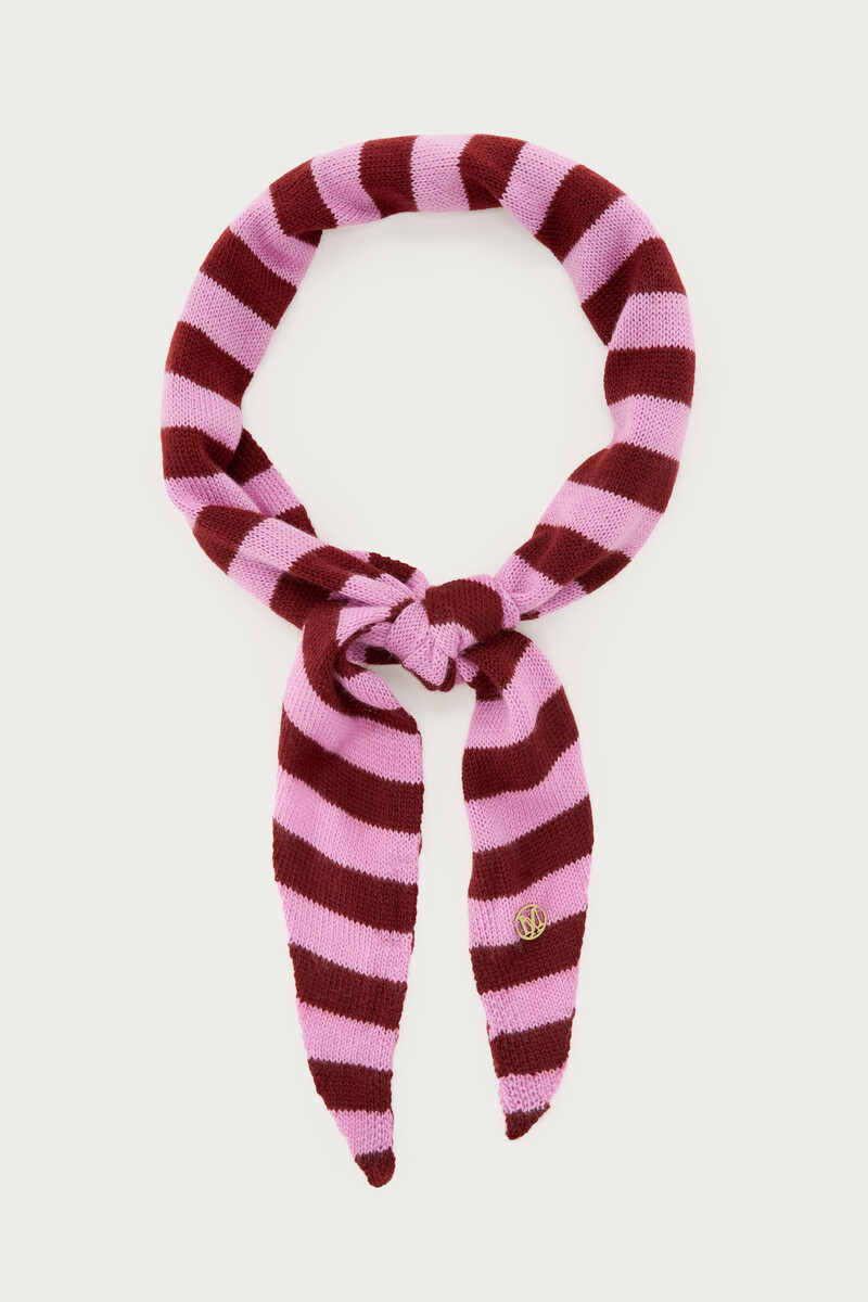 Pink-red knitted triangle scarf with stripes | My Jewellery