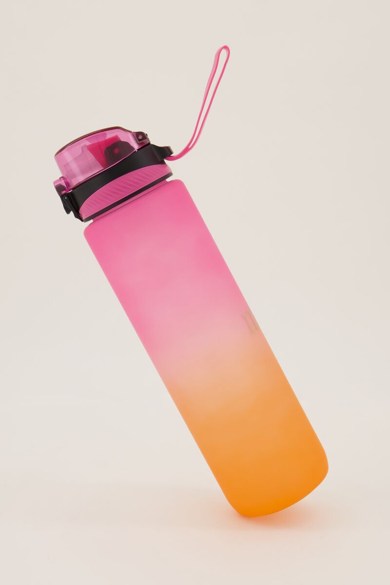 pink and orange water bottle with straw