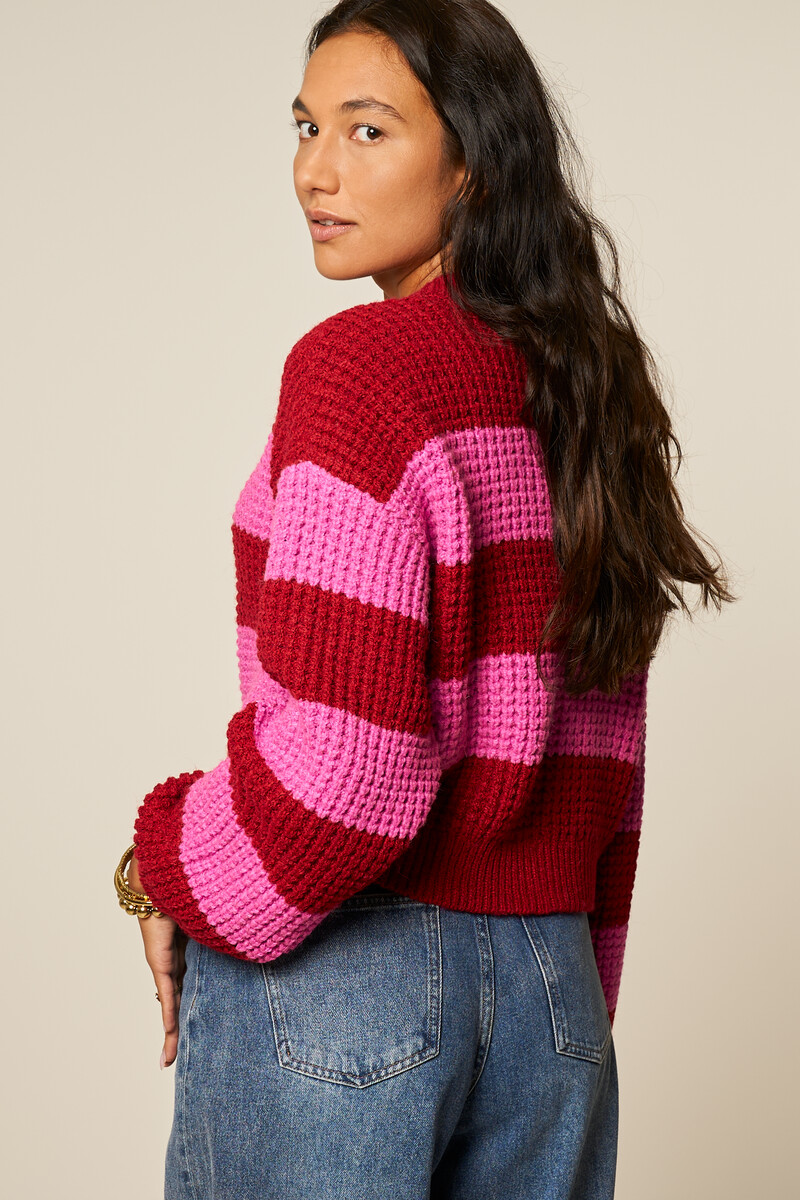 Pink and red striped cardigan with rhinestone buttons | My Jewellery