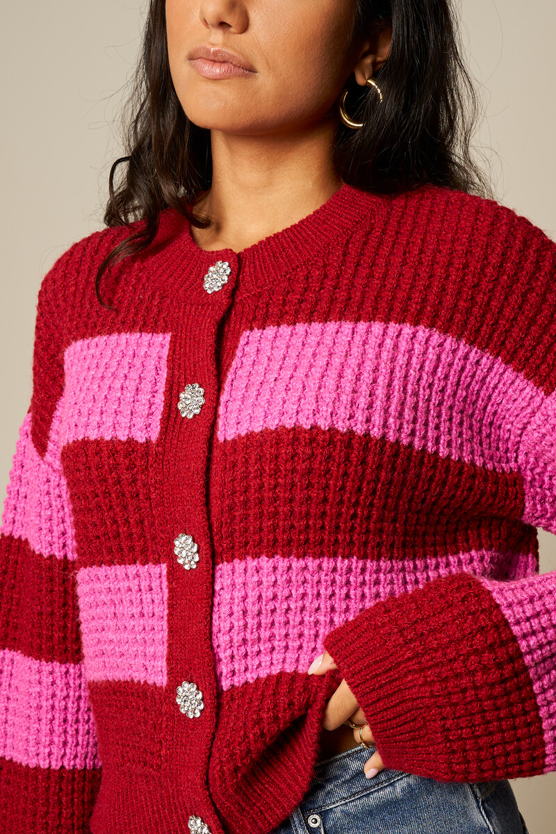 Pink and red striped cardigan with rhinestone buttons | My Jewellery
