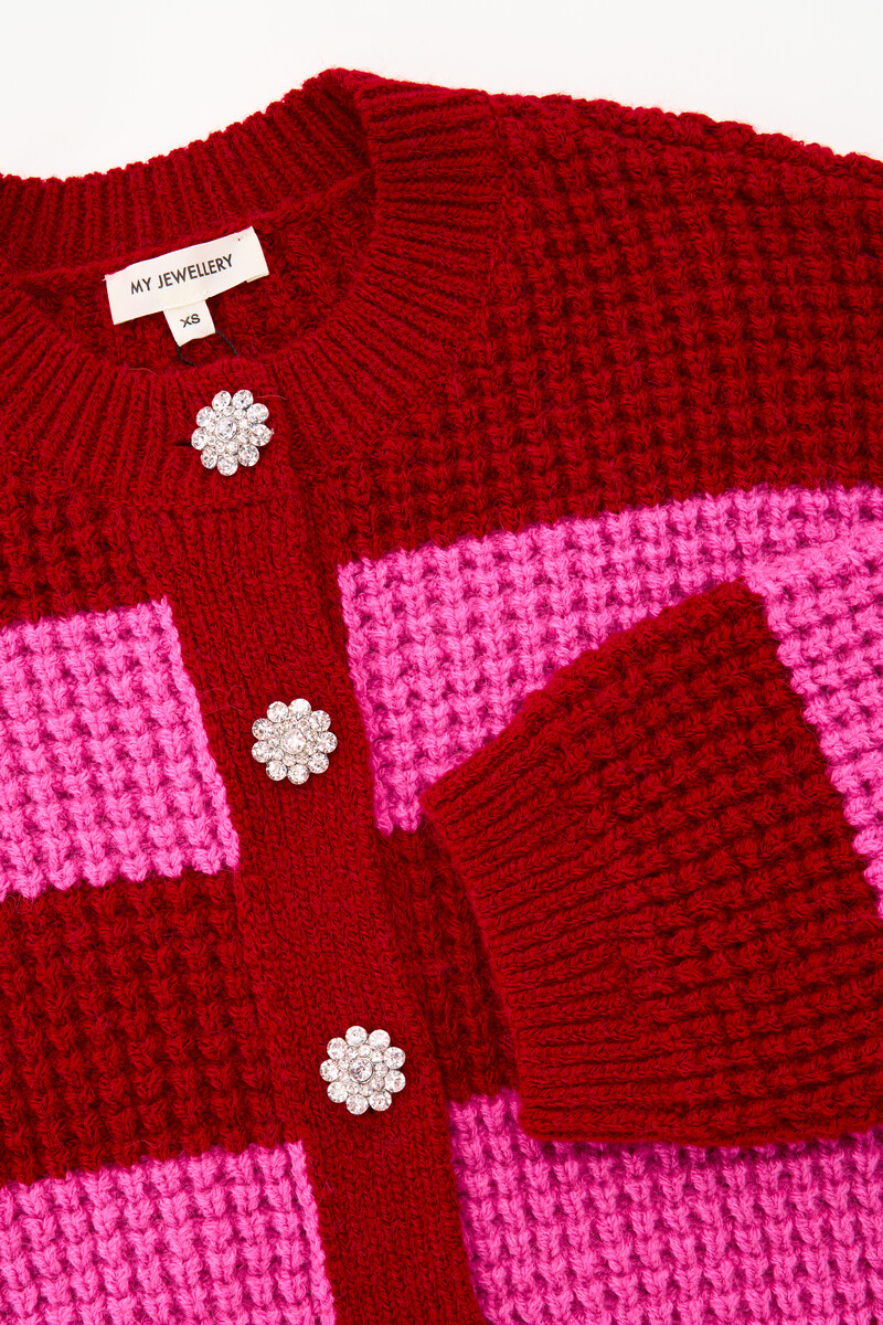 Pink and red striped cardigan with rhinestone buttons | My Jewellery
