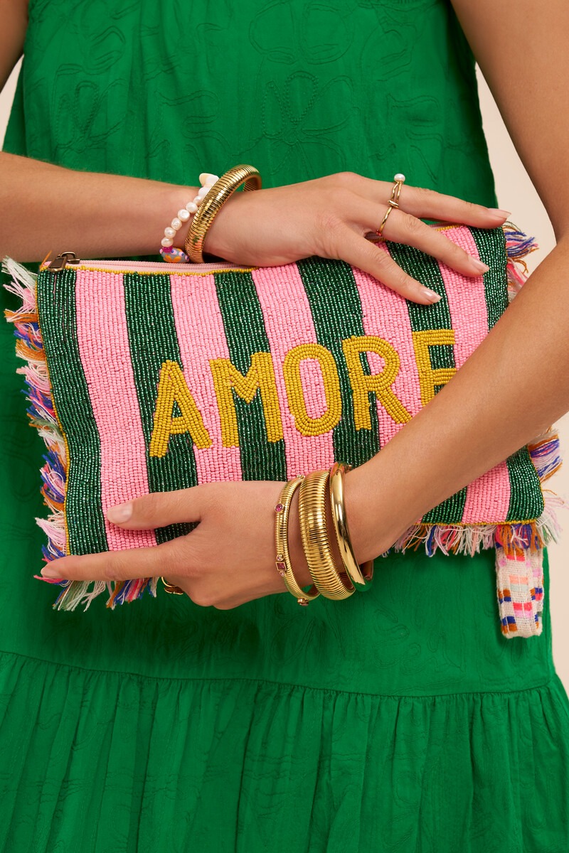 Pink beaded clutch with green stripes ''Amore'' | My Jewellery