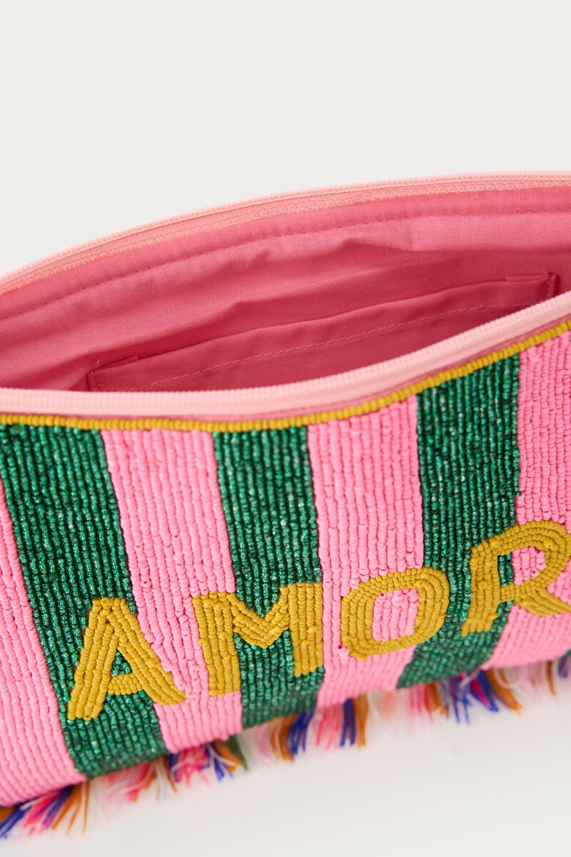 Pink beaded clutch with green stripes ''Amore'' | My Jewellery