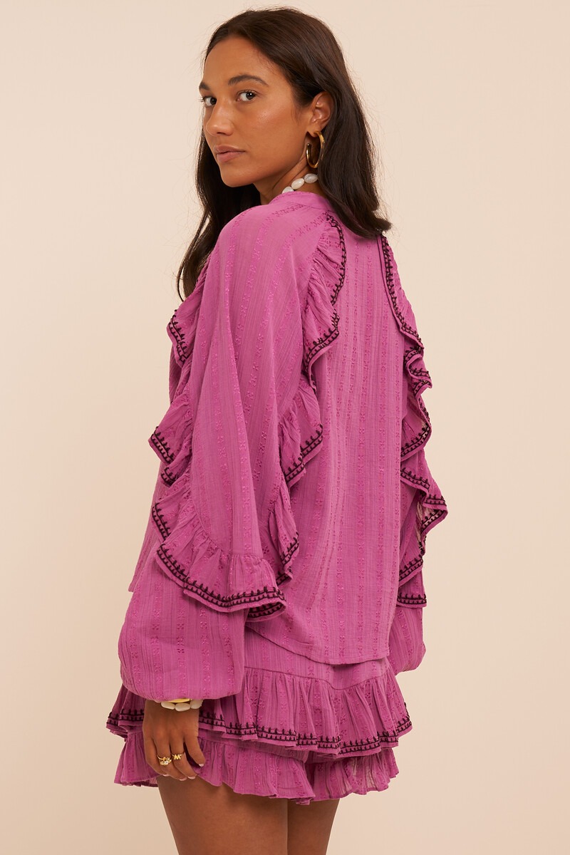 Pink blouse with embroidery and ruffle details | My Jewellery