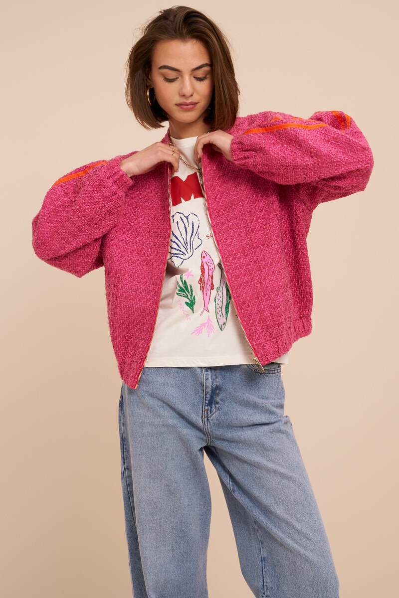 Pink bouclé bomber with side stripes | My Jewellery