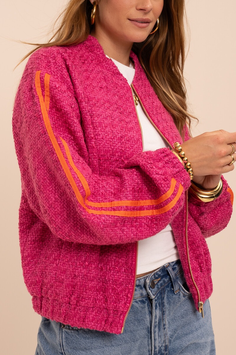 Pink bouclé bomber with side stripes | My Jewellery