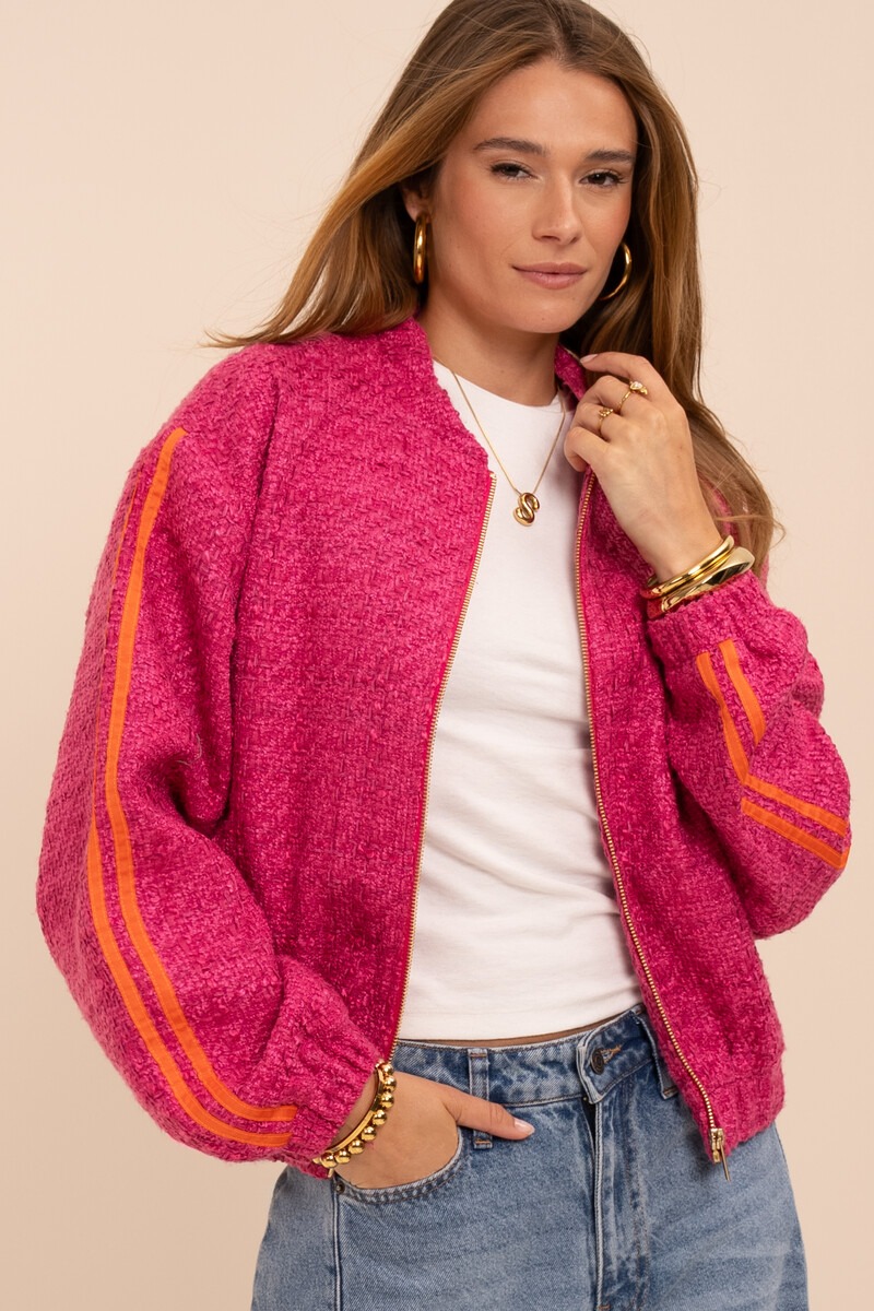 Pink bouclé bomber with side stripes | My Jewellery