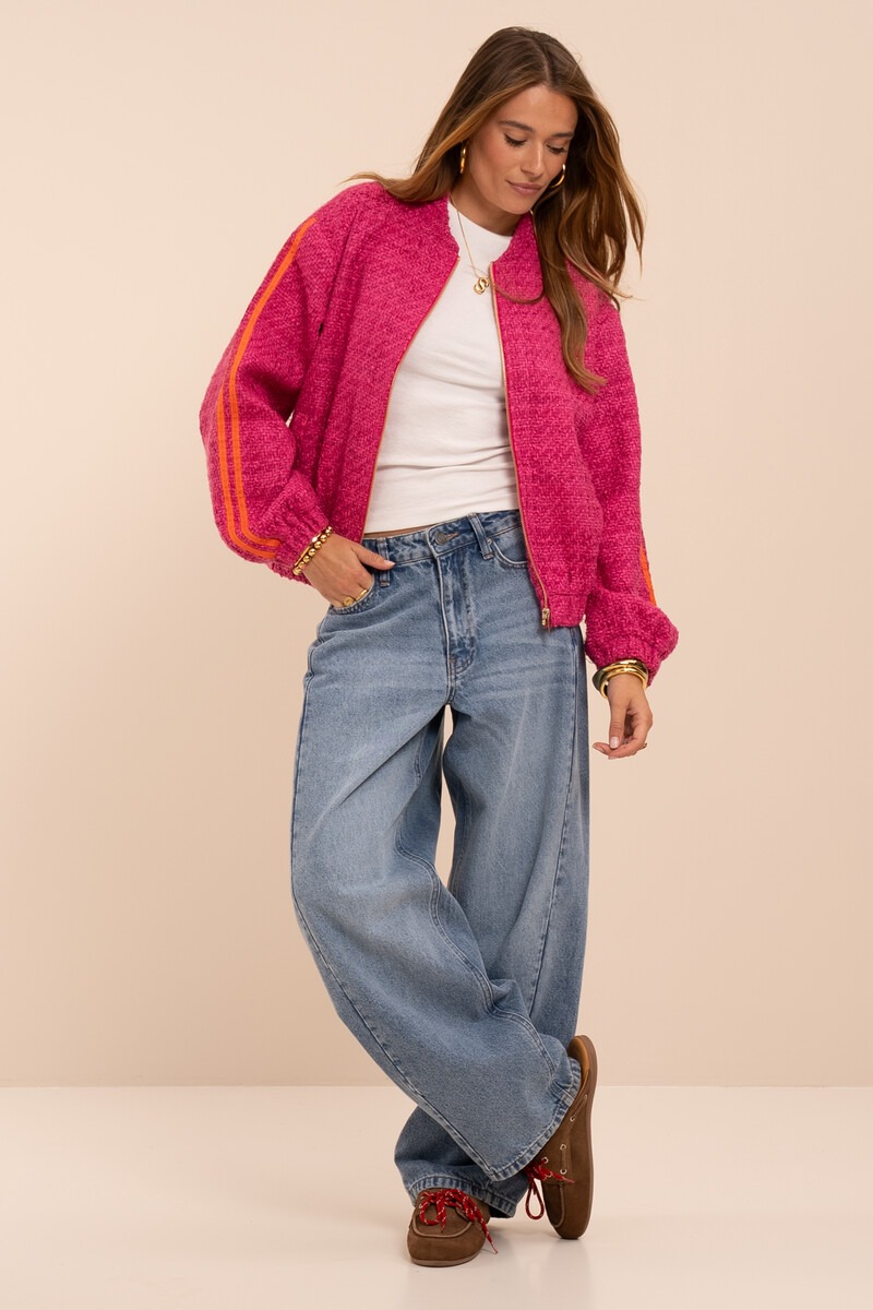Pink bouclé bomber with side stripes | My Jewellery