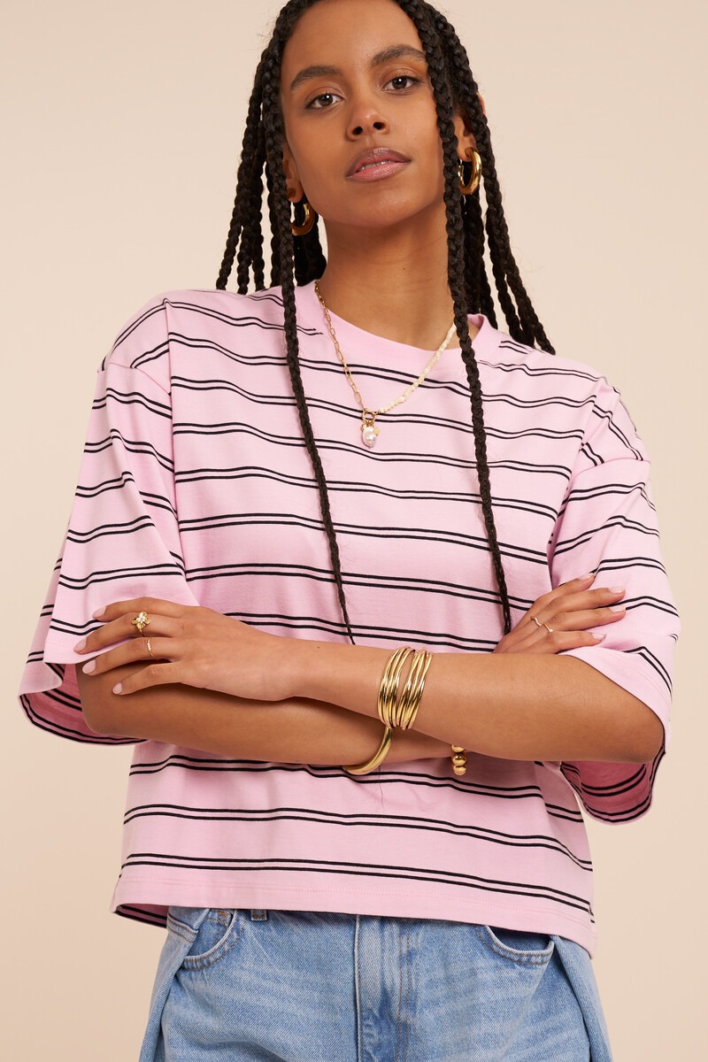 Pink boxy T-shirt with black stripes | My Jewellery