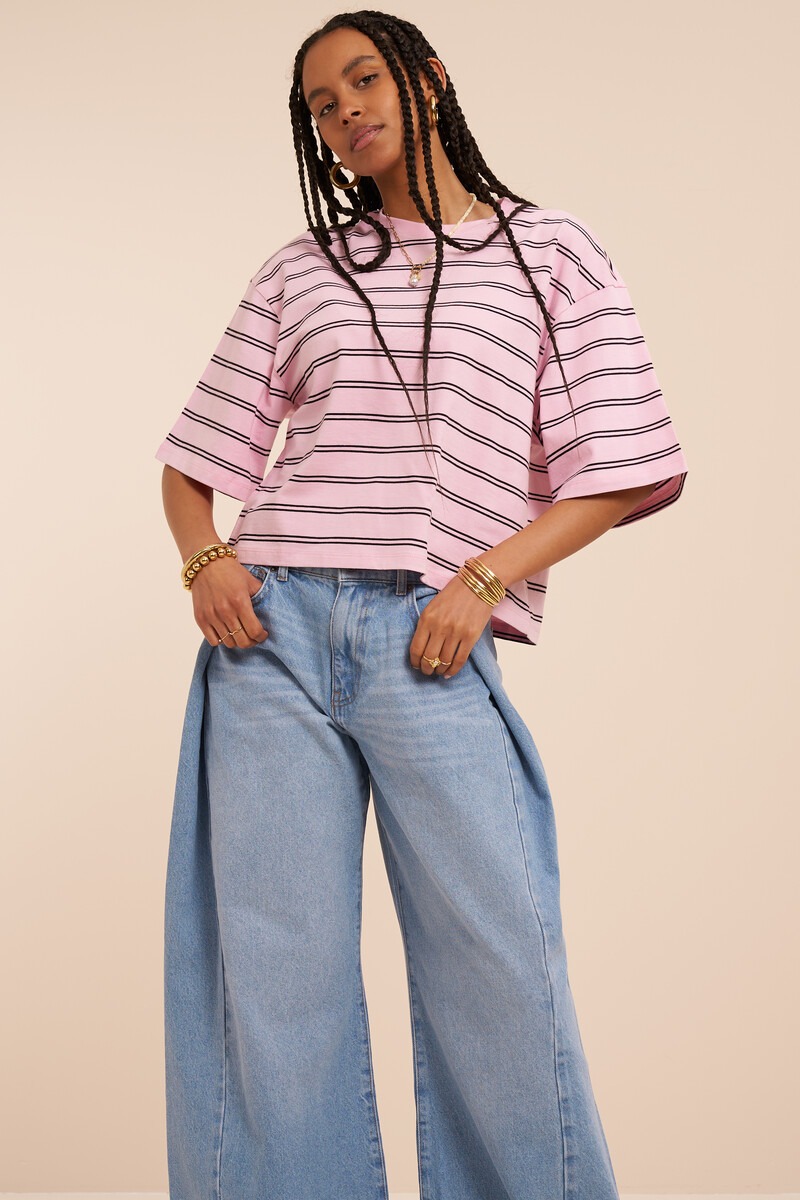 Pink boxy T-shirt with black stripes | My Jewellery