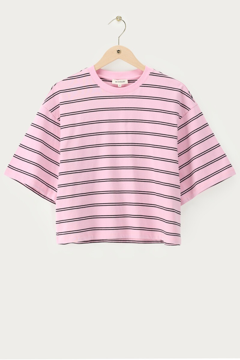 Pinkes boxy T-Shirt mit schwarzen Streifen