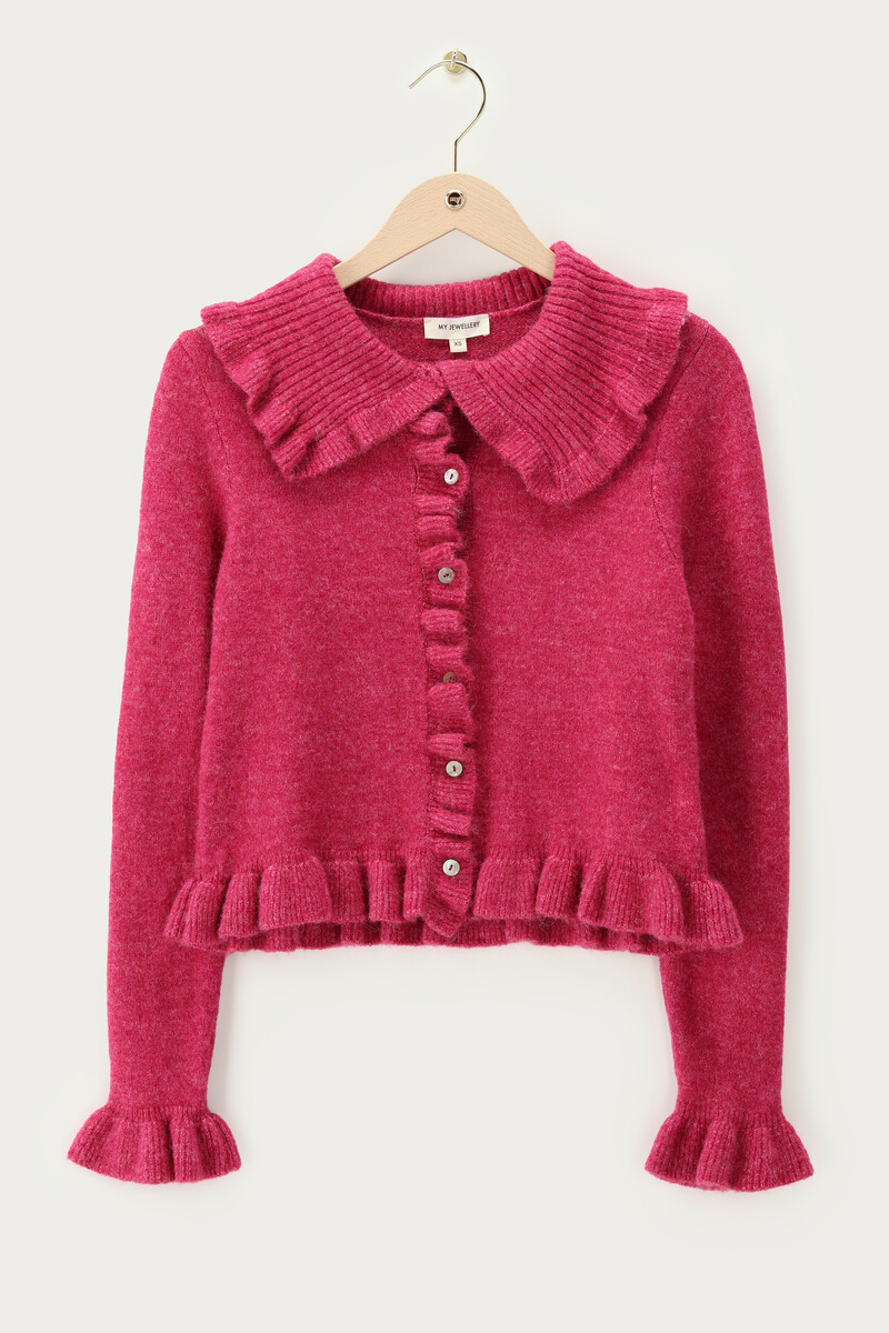 Pink cardigan with ruffle collar | My Jewellery