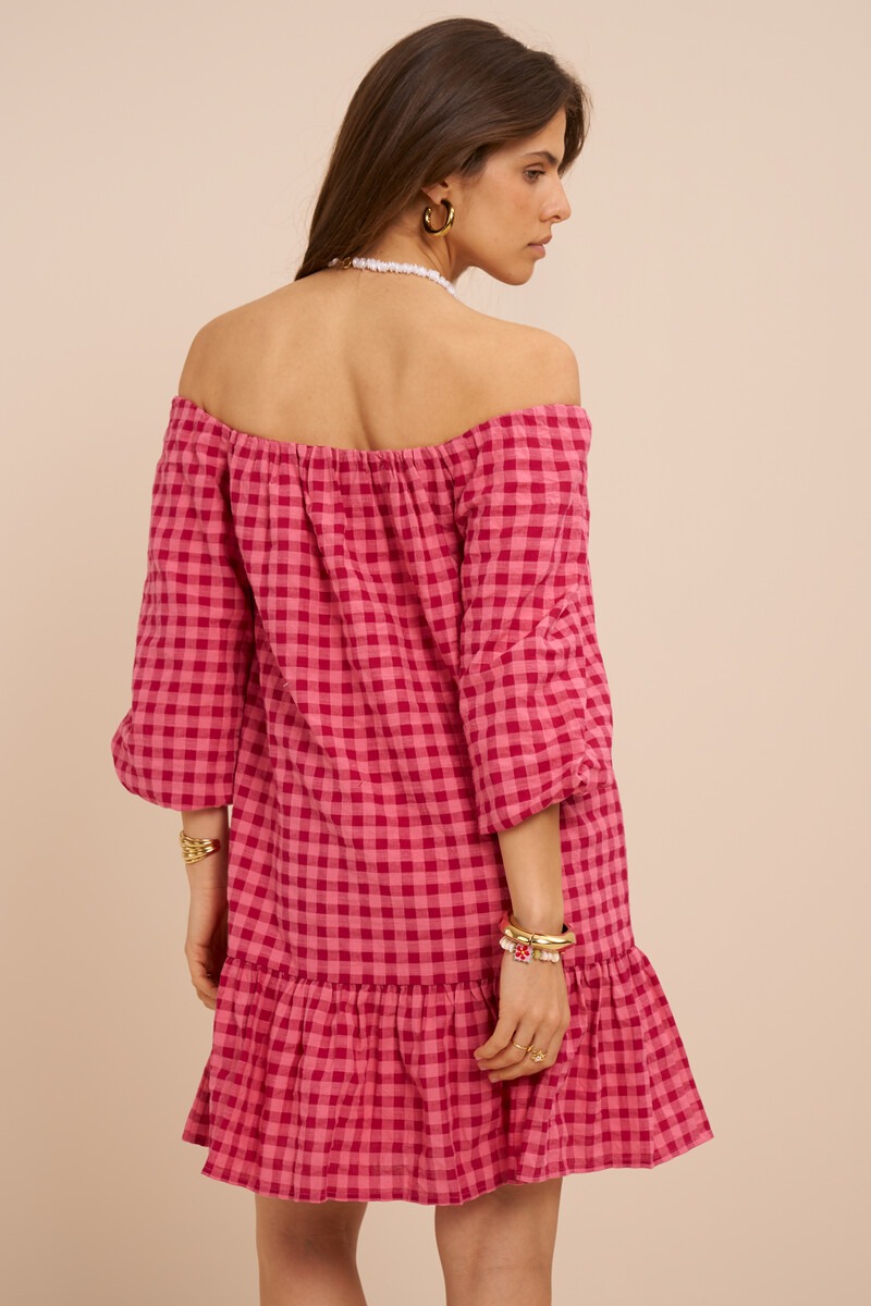Pink checked off-shoulder dress | My Jewellery