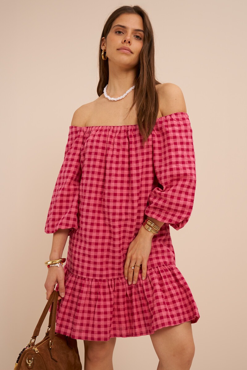 Pink checked off-shoulder dress | My Jewellery