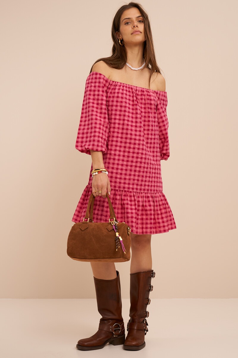 Pink checked off-shoulder dress | My Jewellery