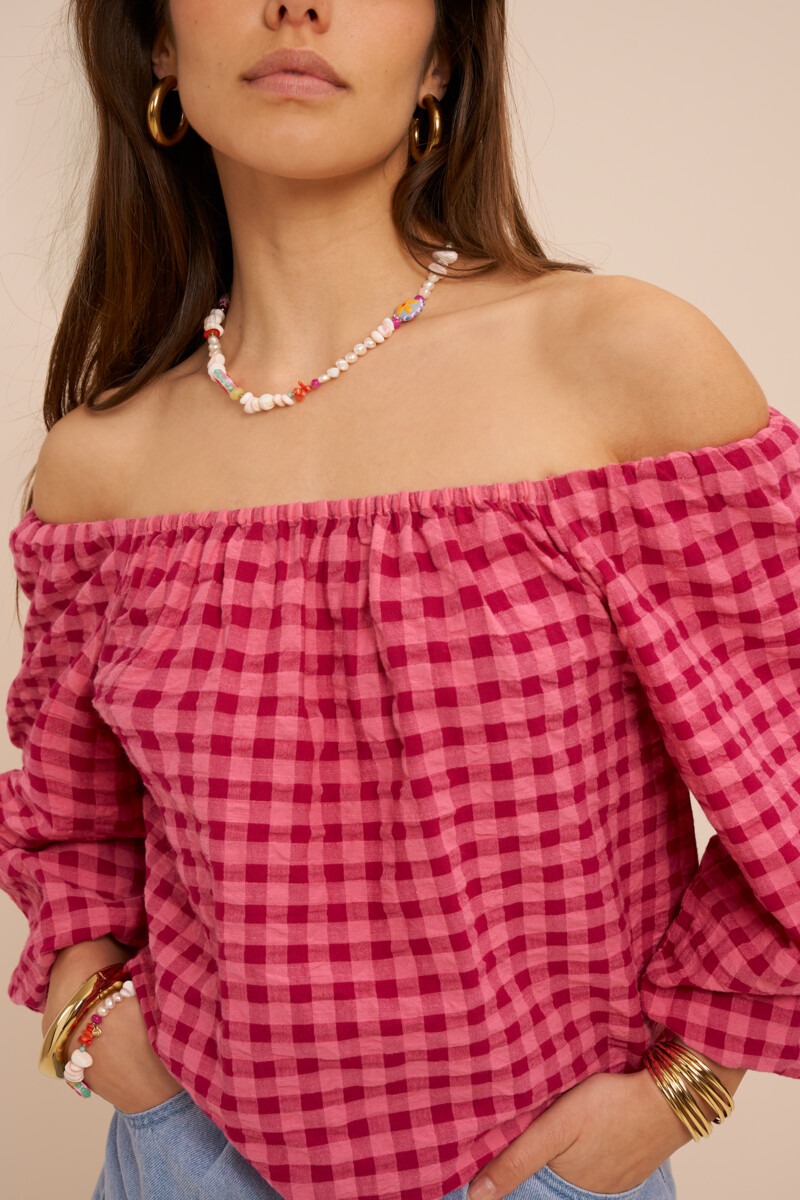Pink checked off-shoulder top | My Jewellery