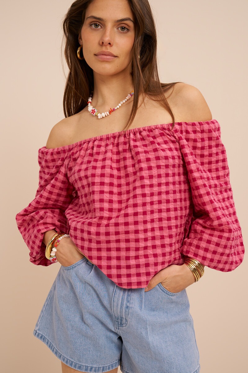 Pink checked off-shoulder top | My Jewellery