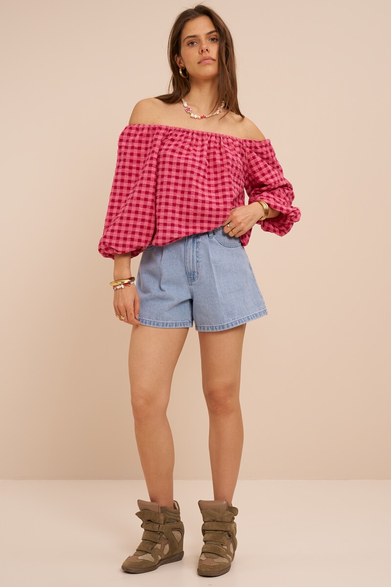 Pink checked off-shoulder top | My Jewellery