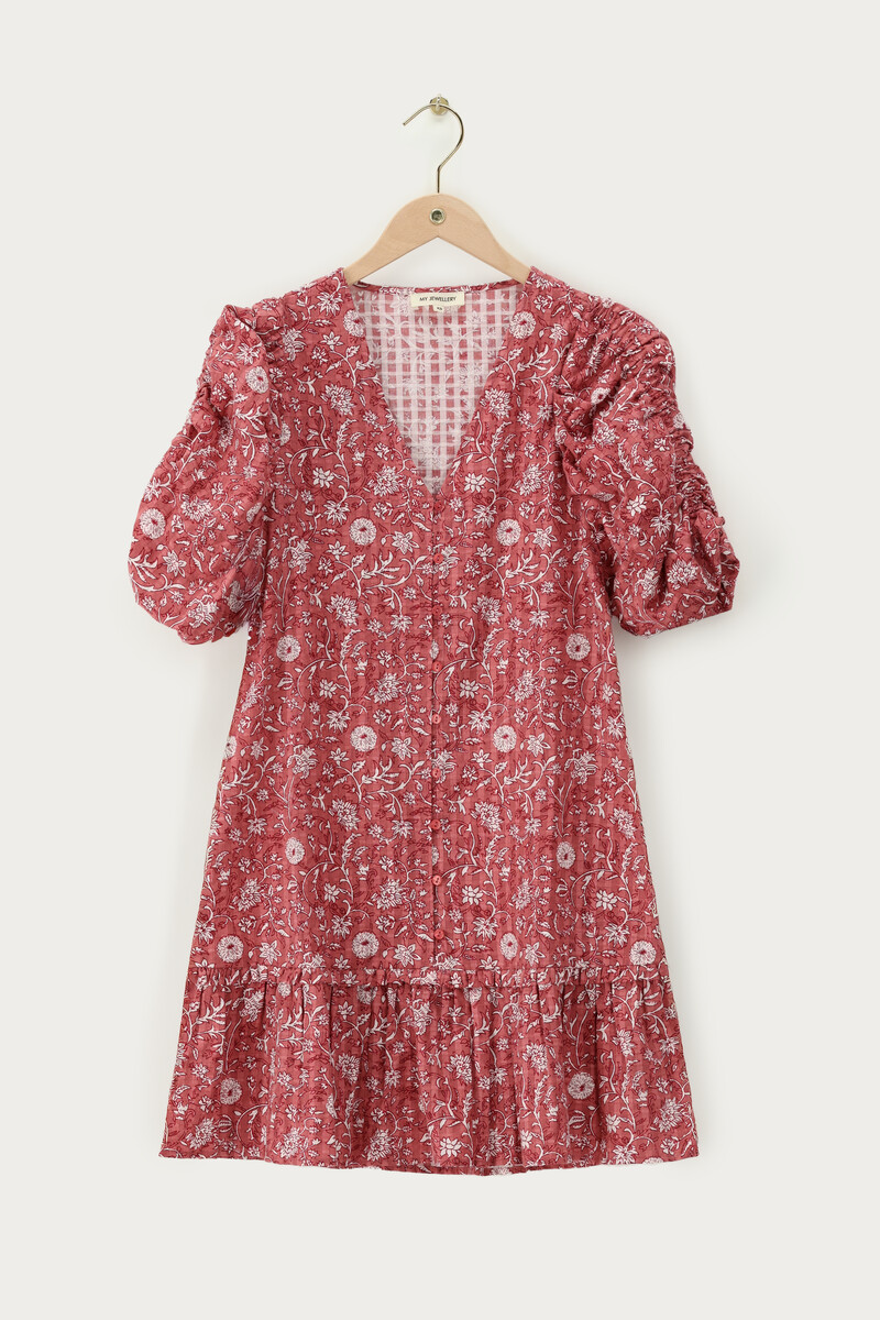 Pink dress with ruffles & floral print | My Jewellery