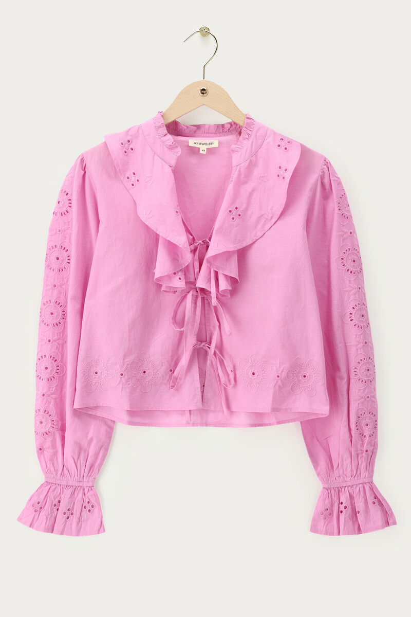 Pink embroidery top with v-neckline and bows | My Jewellery