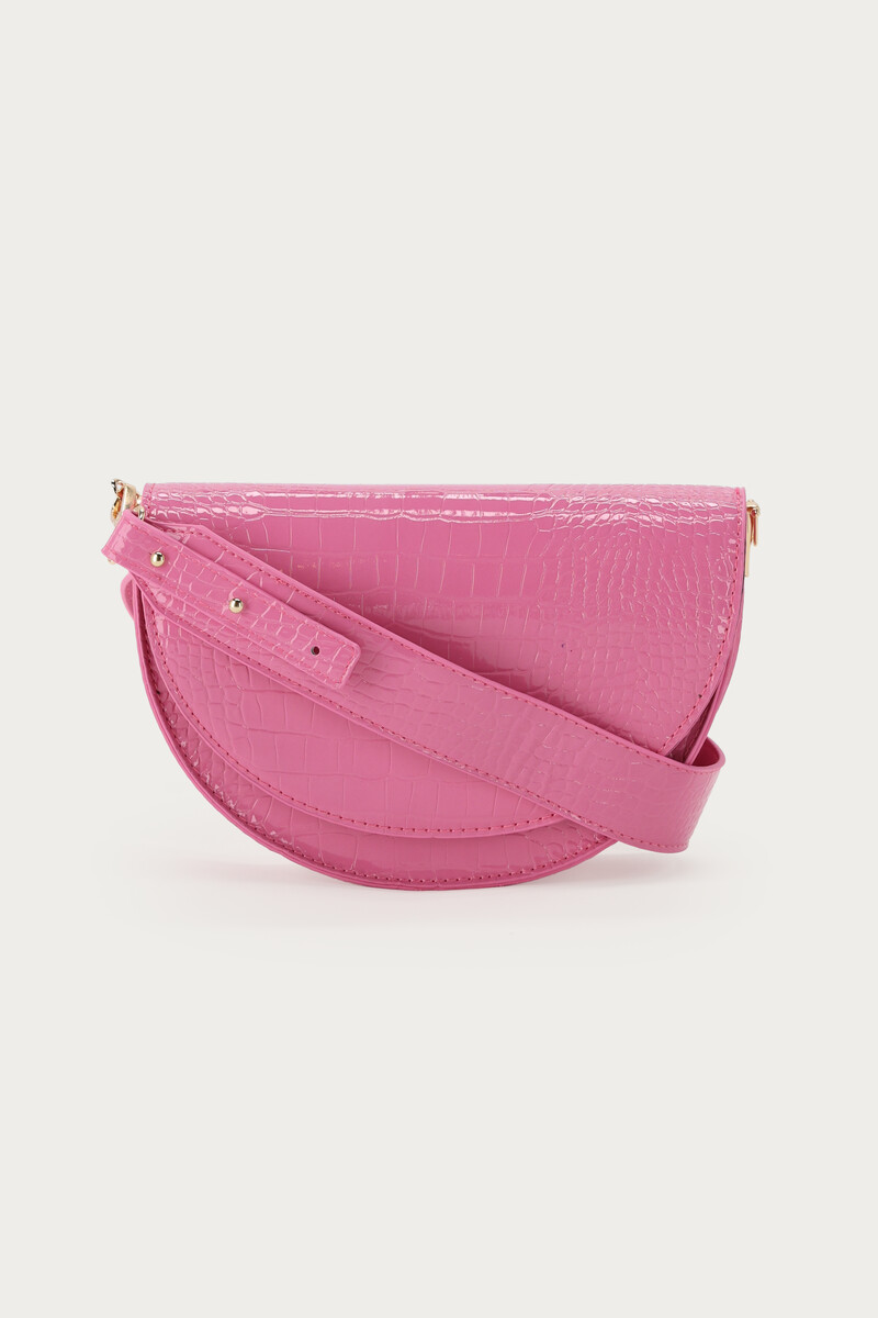 Pink half round shoulderbag with crocodile print