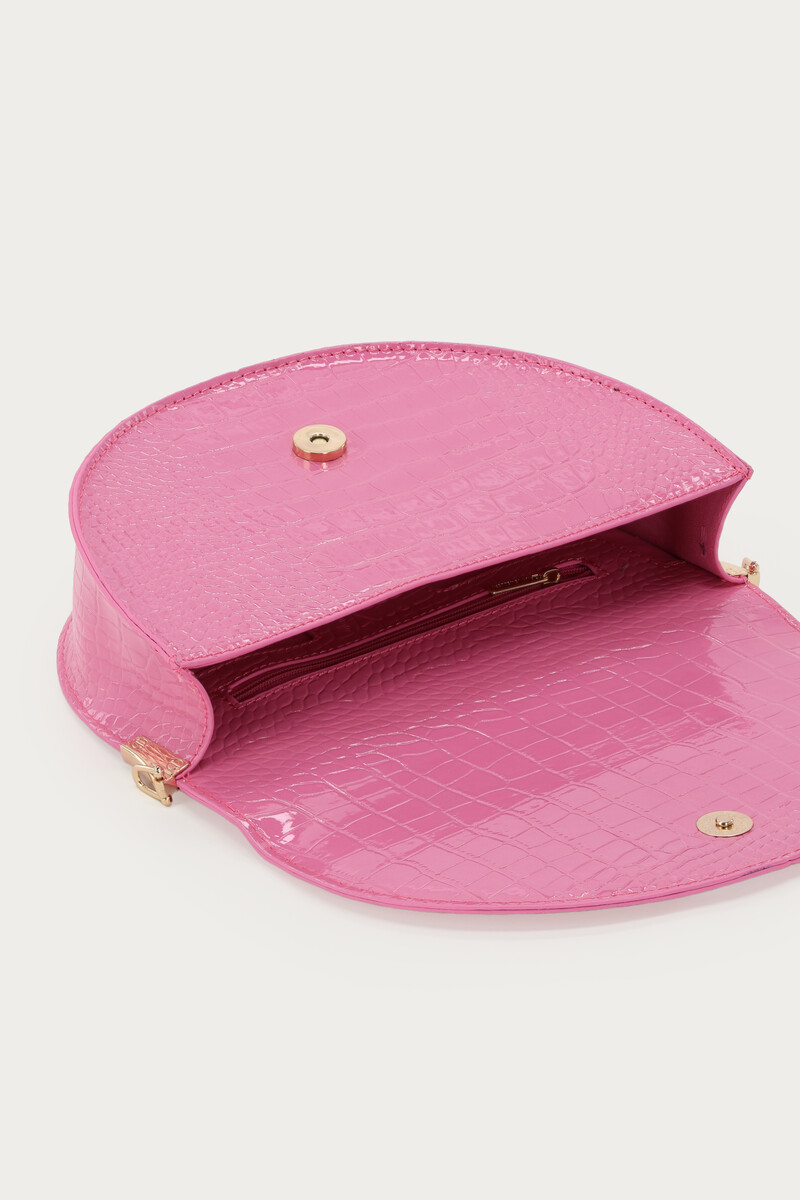 Pink half round shoulderbag with crocodile print
