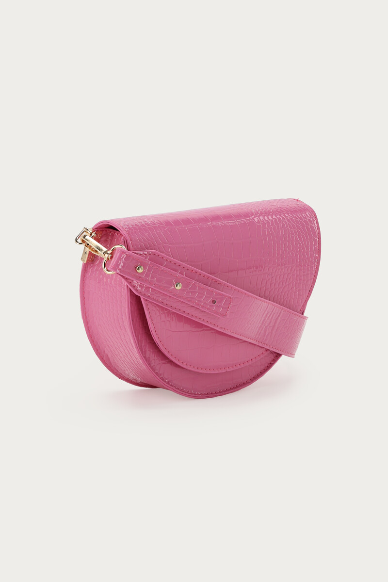 Pink half round shoulderbag with crocodile print