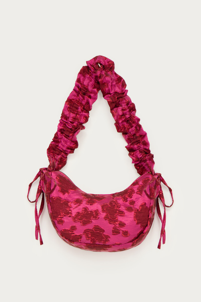 Pink jacquard crossbody bag with ruffles & bows | My Jewellery