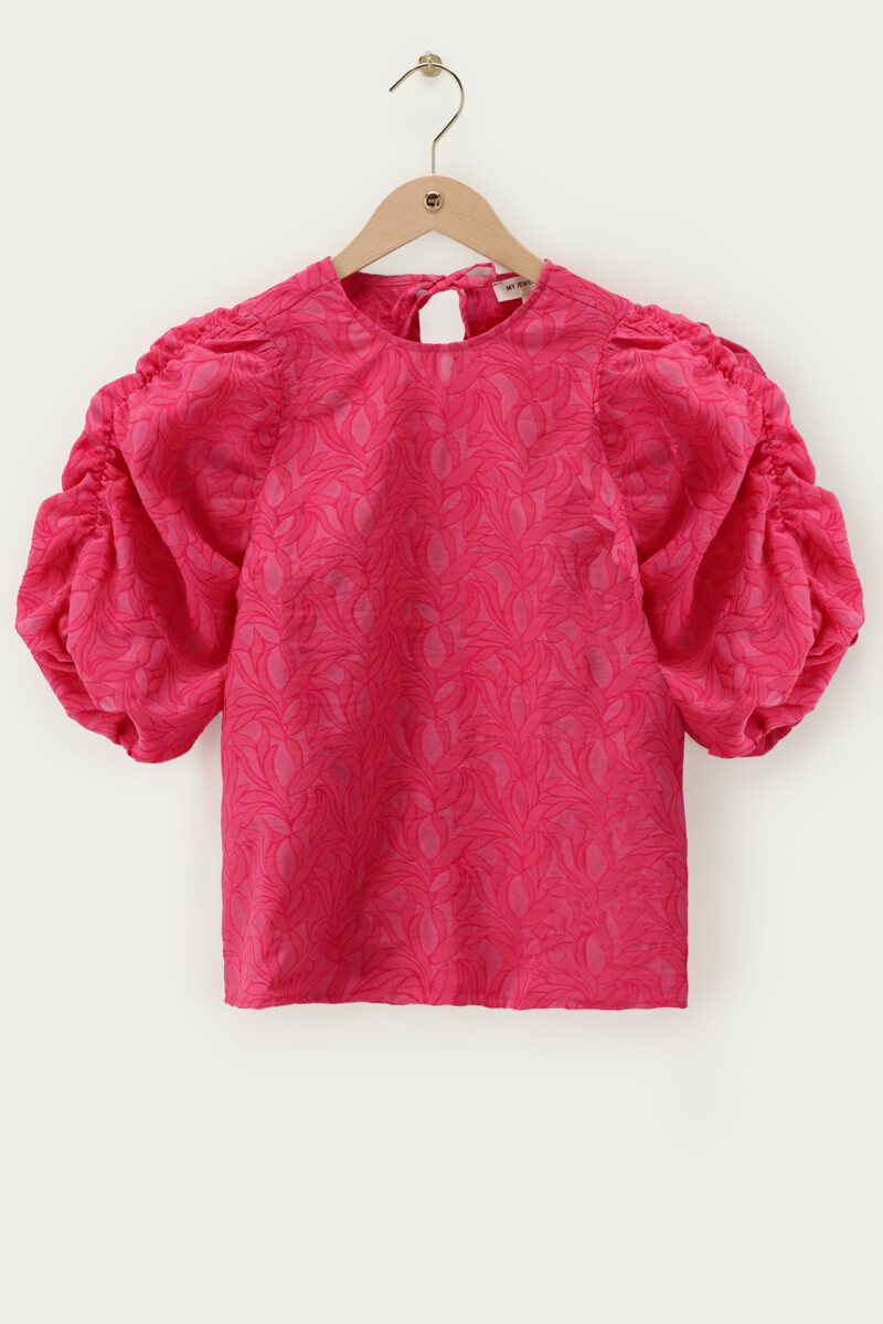 Pink jacquard top with puff sleeves and bowes | My Jewellery