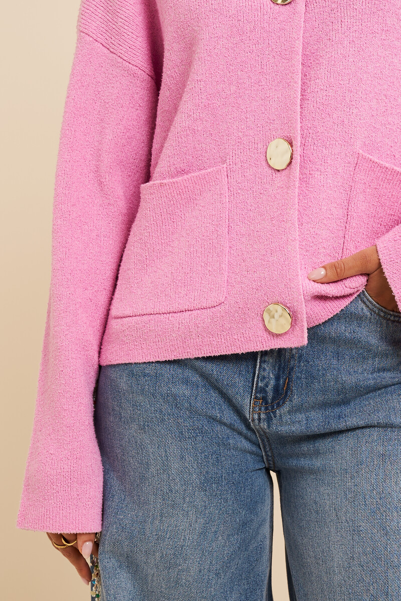 Pink knit cardigan with gold buttons | My Jewellery