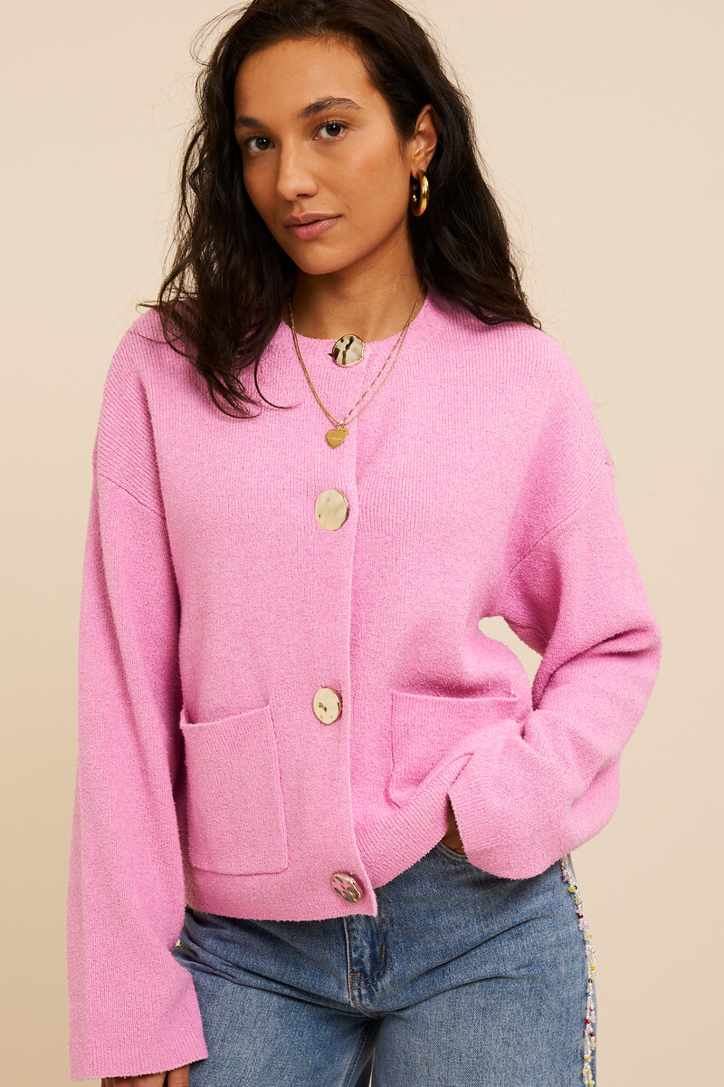 Pink knit cardigan with gold buttons | My Jewellery