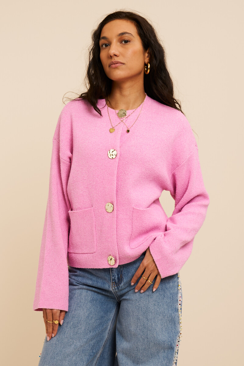 Pink knit cardigan with gold buttons | My Jewellery