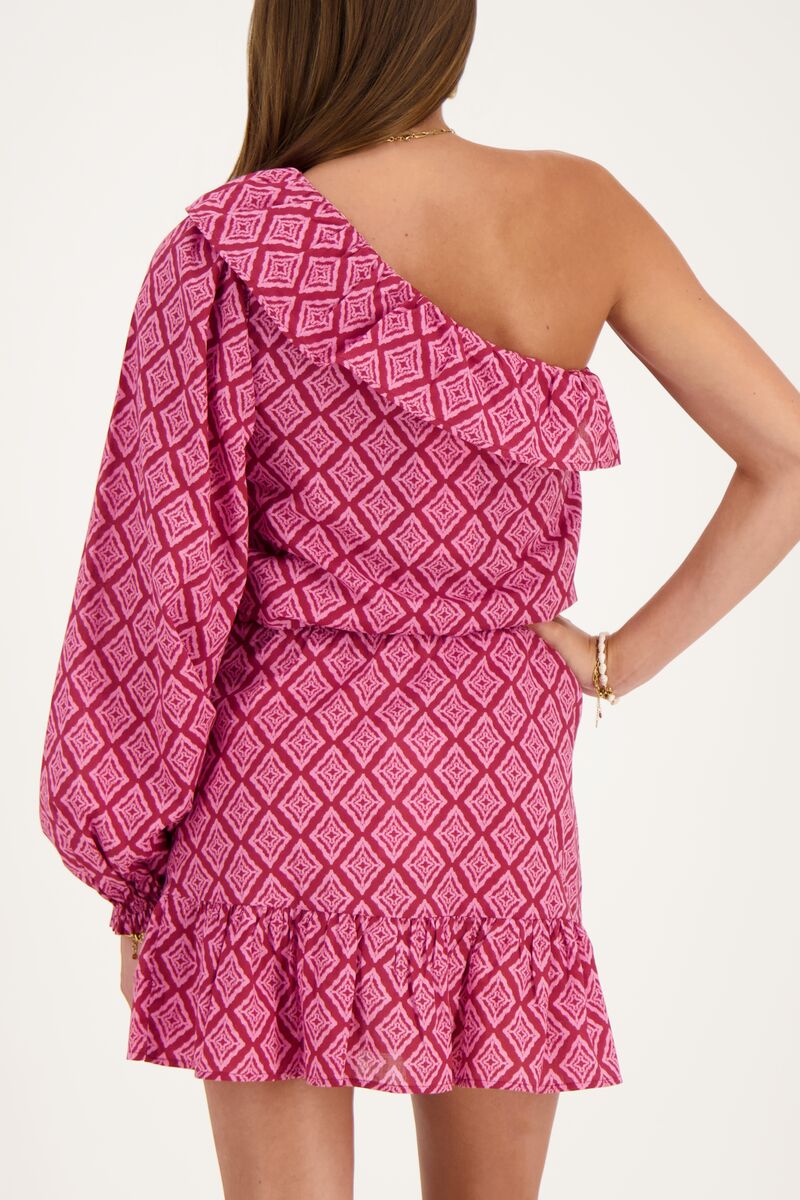 Pink ruffled one-shoulder top with Ikat print | My Jewellery